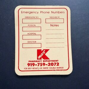 Vintage K-Mart Store PROMO Pharmacy Refrigerator Magnet Emergency Phone Numbers